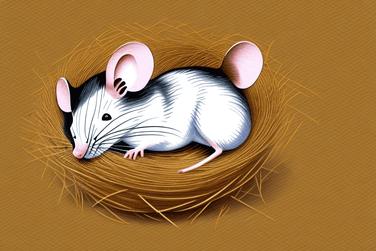 A mouse sleeping in a nest of hay or straw